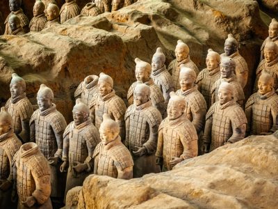 Excavated sculptures statues of the terracota army soldiers of Qin Shi Huang emperor, Xian, Shaanxi, China