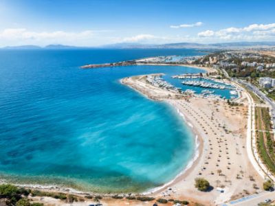 Aerial view of the popular Glyfada coast, south Athens suburb, Greece, with beaches, marinas and turquoise sea