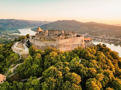 Aerial view about the Visegrad castle in Hungary, near to Danube river and slovakia. Hungarian name is Visegradi fellegvar. Discover the beauties of Hungary castle.